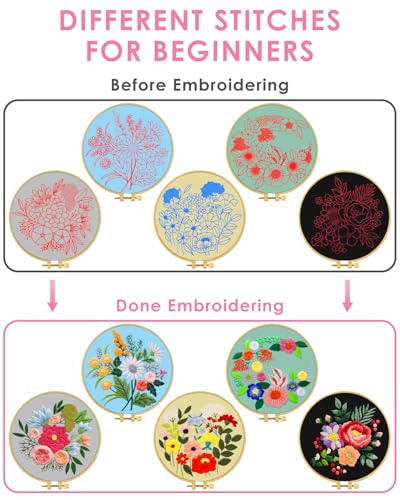 TINDTOP 5 Sets Embroidery Kit for Adults, Floral Embroidery Practice Kit for Beginners Include Embroidery Cloth Hoops Threads for Craft Lover Hand Stitch TINDTOP