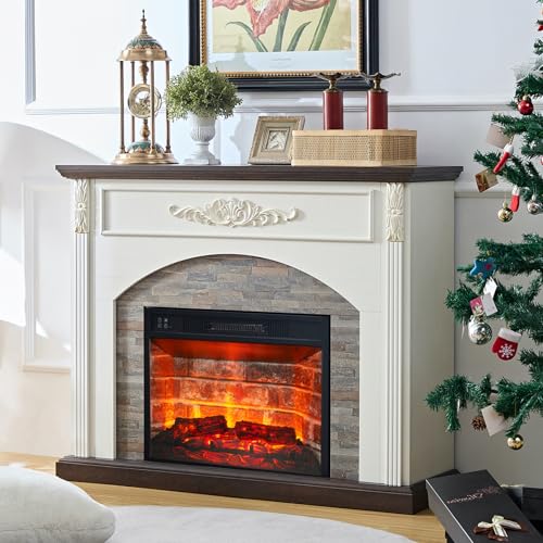 44Inch Electric Fireplace with Mantel, White Fireplace Heater with LED Flame, Corner Firebox with 23" Red Brick Firep lace Insert for Bedroom,Living Room BOSHIRO