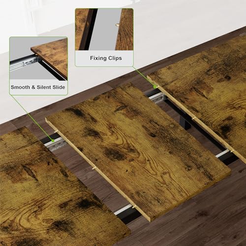 Feonase 5-Piece Dining Table for 4-8 People, 63" Extendable Kitchen Table Set with 2 Benches & 2 Square Stools, Dining Room Table with MDF Wood Board, Easy Clean, Rustic Brown Feonase