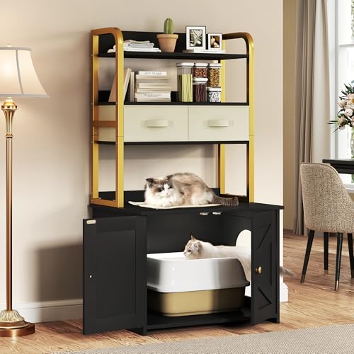 YITAHOME 27" Cat Litter Box Enclosure with Storage Shelves, Large Hidden Cat Litter Box Furniture with 2 Drawers & Soft Cusion, Wooden Hidden Cat Cabinet Washroom Corner, Black YITAHOME