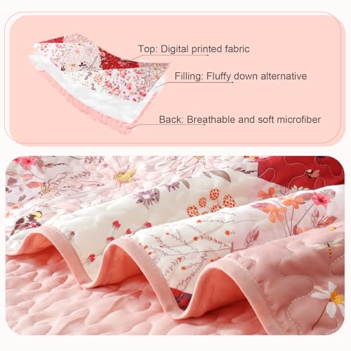 Whale Flotilla Patchwork Quilt Twin Size, Extra Soft Boho Floral Bedspreads for Bed Reversible Lightweight Twin Quilt Bedding Set Printed Coverlets with 1 Pillow Sham for All Seasons, Red Whale Flotilla