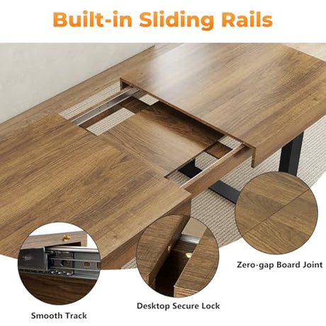 Zevemomo 63"-78.7" Expandable Dining Table, 6-8 Extendable Dining Table, Rectangle Conference Table, Farmhouse Kitchen Table with Slide Track, Tapered U-Shaped Wood Legs for Office, Living Room-Brown Zevemomo