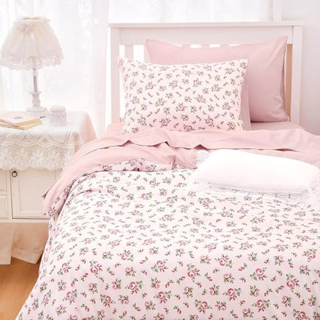 Wake In Cloud - Coquette Duvet Cover Set, Floral Cottagecore Flower Shabby Chic Cute Aesthetic, Soft Lightweight Bedding for Women Teen Girls, 3-Piece, Pink, Twin/Twin XL Size Wake In Cloud
