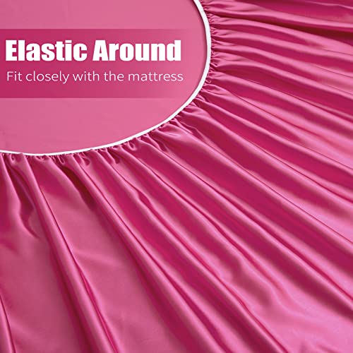 VACVELT 3pcs Extra Deep Pocket Satin Fitted Sheet Set Full Bed Set, Hot Pink Bottom Sheet Fit 18-24 Inch Deep Pocket Mattress, Silky Bedding Set Soft & Ultra Deep Fitted Sheet & 2 Pillowcase VACVELT