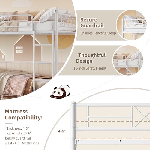 Garvee Twin Over Twin Bunk Bed with Stairs, Heavy Duty Metal Construction & High Guardrail, Sturdy Steel Slats Support, No Box Spring, Space Efficient, White Garvee