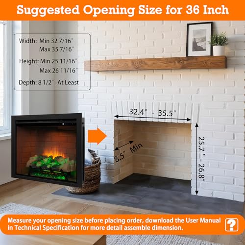 Unineo Electric Fireplace Insert w/Top Light, 12×12×12 Flame Color Option with Fire Crackling Sound, 36″W×27″H, 750W/1500W Eco Heater, Remote & Button Control, Black Unineo