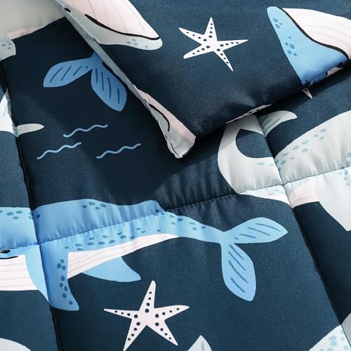Nautica Kids - Finnian Whales Navy Kids Comforter Set, Soft Bedding with Matching Shams & Throw Pillow, 4-Piece, Navy, Full/Queen Nautica