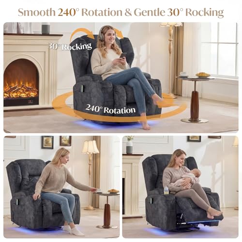 Power Swivel Rocker Recliner Chair for Adults, Dual-Motor Power Recliner with Independent Back & Footrest, Massage & Heat, 3-Sided Lights, USB, Cup Holder, Glider Rocking Chair for Living Room, Gray