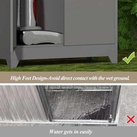 GREATMEET 72.8" Outdoor Broom Storage Cabinet, Waterproof Outdoor Narrow Storage Shed, Metal Storage Cabinets for Cleaning Supplies with Slanted Roof, Utility Closet, Broom Mop Storage Cabinet, Grey GREATMEET