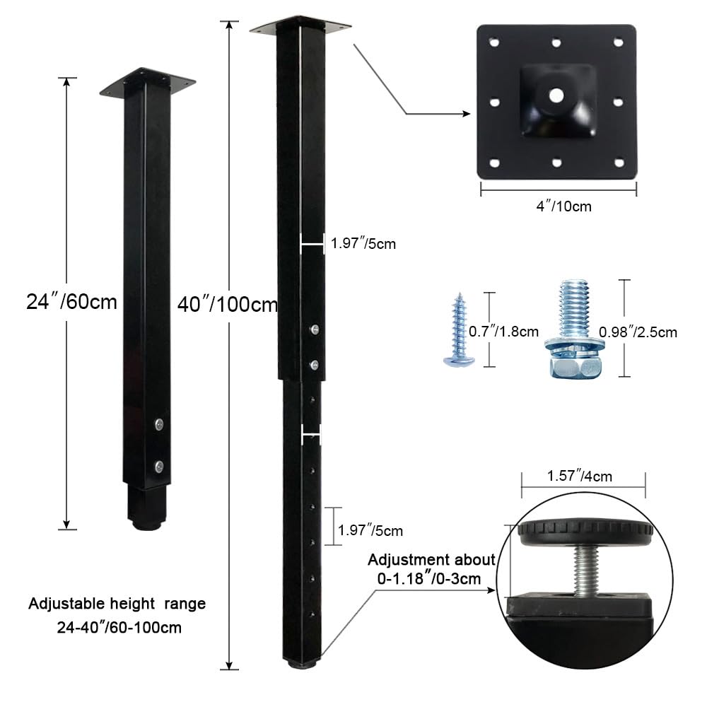 QLLY Adjustable Square Table Leg, 24-40 inch, 60-100cm, Home Office Custom DIY Table Legs, Furniture Leg Set (4, Black) QLLY