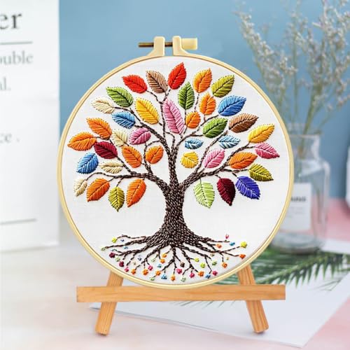 Zhenqing Rainbow Tree of Life Embroidery Kit for Beginners - 29x29cm Printed Fabric with Hoop & Full Tools (C0060)