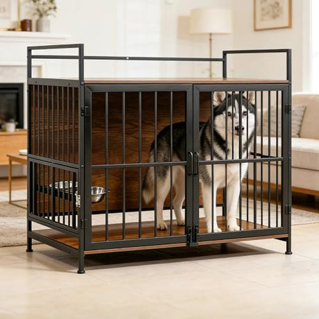41 Inch Dog Crate Furniture for Large Dogs, Wooden Indoor Dog Cage with Double Doors, Built-in 360° Swivel Bowls, Comfortable Flat Floor, Rustic Style End Table Kennel Zoolati