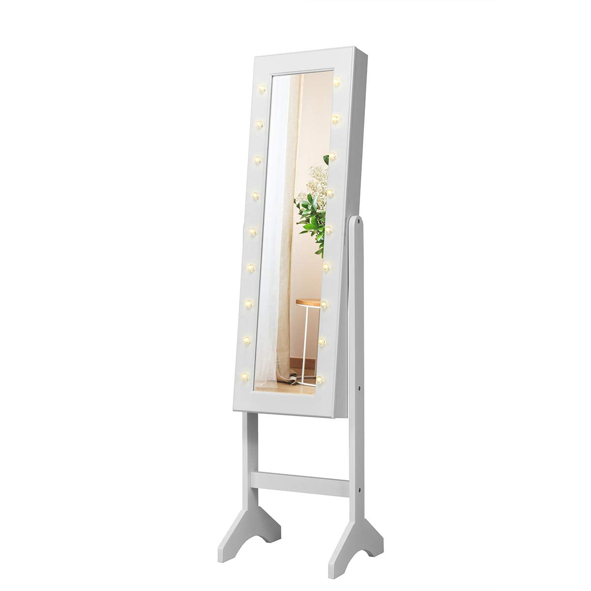 Giantex Standing Jewelry Armoire with 18 LED Lights Around the Door, Large Storage Mirrored Jewelry Cabinet with Full Length Mirror, 16 Lipstick Holders, 1 Inside Makeup Mirror (White) Giantex