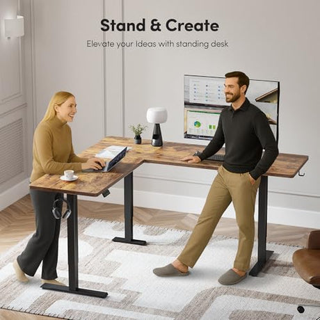 CubiCubi L Shaped Standing Desk 63 x 55 Inch Adjustable Height, Electric Corner Desk, Sit Stand Home Office Desk with Splice Board, Rustic Brown CubiCubi