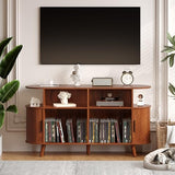55'' Fluted Mid Century Modern Turntable Cabinet with Vinyl Storage, Large Round Record Player Stand with Charging Station and Display Shelf, Arched Wood Record Player Table for Living Room Garvee
