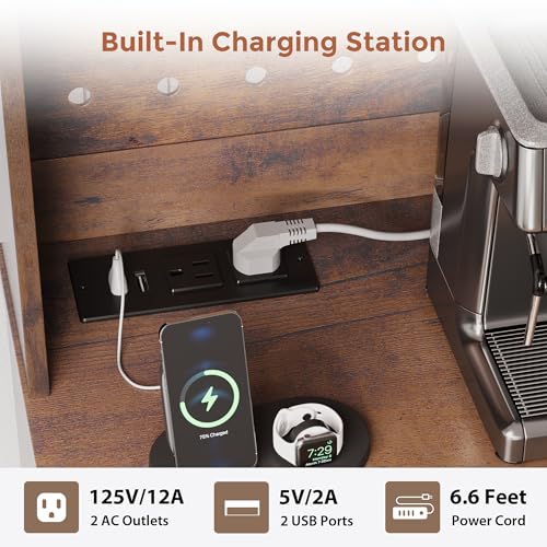 72" Coffee Bar Cabinet with Power Outlet & LED Light, Farmhouse Large Kitchen Hutch with Sliding Barn Door, Tall Bar Cabinets with Storage Drawers & Wine Glass Rack,Pantry China Cabinet,Vintage Brown Jocoevol