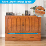Mjkone Murphy Bed Queen Size, Cabinet Beds with Mattress, Adult Guest Bed with 2 Large Drawer and USB Port & Bedside Panel, Multifunctional Murphy Cabinet Beds for Bedroom/Living Room - Cherry Mjkone