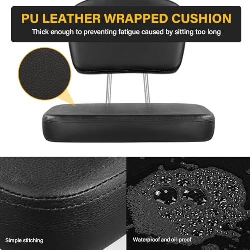 WKWKER Rolling Stool Chair with Backrest Height Adjustable 360° Swivel Stool with Wheels Square Seat PU Leather Rolling Stool for Bedroom Counter Shop Salon Massage Home Office Drafting Work (Black) WKWKER