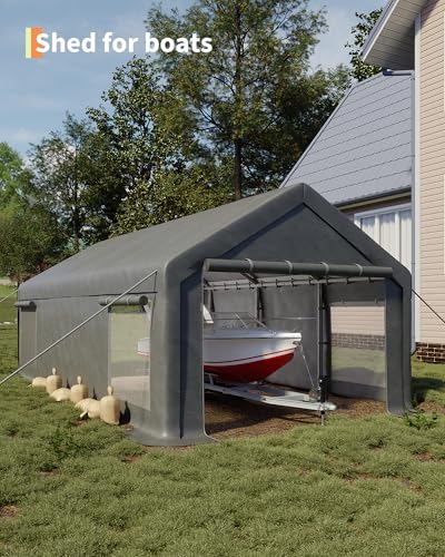 GarveeLife 13x25 ft Portable Garage, Car Port with 220 g PE Tarp Cover, with Front & Rear Roll-Up Doors and 4 Windows, for Temporary Paint Booth, Boats&Pickups Shed, and Event Shelter, Gray GarveeLife