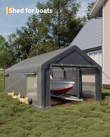GarveeLife 13x25 ft Portable Garage, Car Port with 220 g PE Tarp Cover, with Front & Rear Roll-Up Doors and 4 Windows, for Temporary Paint Booth, Boats&Pickups Shed, and Event Shelter, Gray GarveeLife
