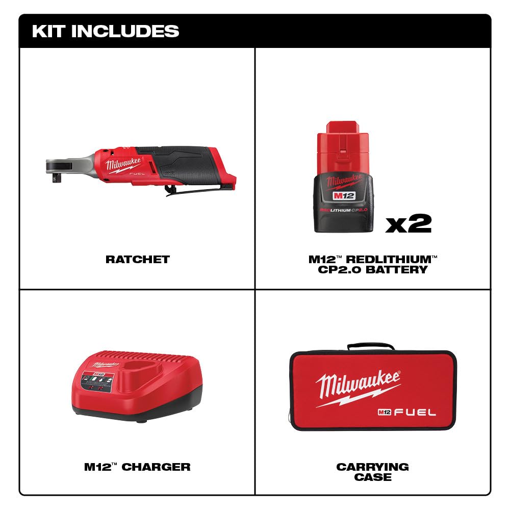 Milwaukee M12 FUEL 12-Volt Lithium-Ion Brushless Cordless High Speed 3/8 in. Ratchet Kit w/(2) Batteries, Charger and Bag - WoodArtSupply