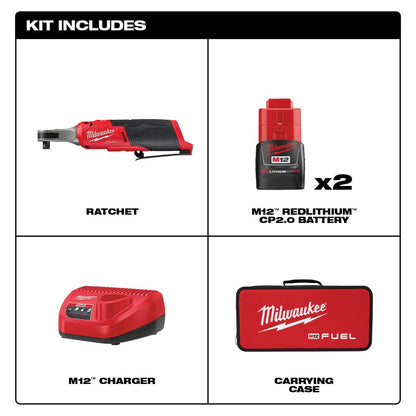 Milwaukee M12 FUEL 12-Volt Lithium-Ion Brushless Cordless High Speed 3/8 in. Ratchet Kit w/(2) Batteries, Charger and Bag - WoodArtSupply