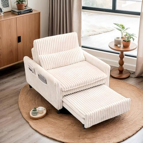 Majnesvon Modern Corduroy Fabric Sofa Bed Futon,3 in 1 Convertible Pullout Sleeper Couches with 3 Reclining Backrests,Small Sofa Chair Bed for Living Room Bedroom (White) Majnesvon