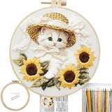 FONNUY White Kitten Embroidery Kit, Sunflowers Cat Lace Hat Cross Stitch Kits for Beginners, Handmade Crafts with Printed Patterns for Adults, Color Thread Needlework, 8'' Hoop (Cat 01)