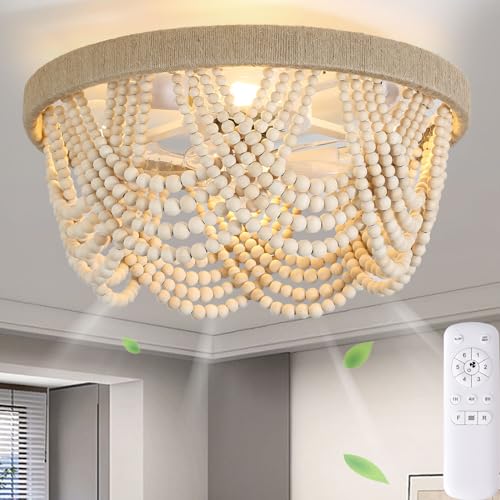 FUMLTP Boho Beaded Ceiling Fans with Lights and Remote Control, 19.7 Inch Low Profile Flush Mount Retro Ceiling Fans, 6-Speed Reversible DC Motor E26 Metal Bulb Base for Bedroom Kitchen - WoodArtSupply