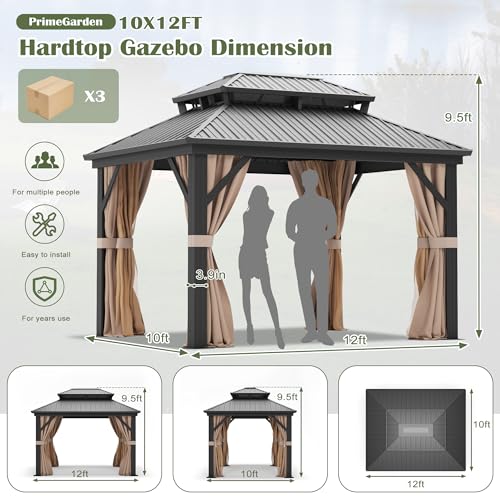 Prime Garden 10'x12' Hardtop Gazebo, Galvanized Steel Double Roof Gazebo with Aluminum Frame, Metal Gazebo w/Privacy Curtains and Nets, Outdoor Gazebo for Patio, Lawn, Backyard Prime Garden