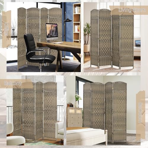 HOMCOM 4 Panel Room Divider, 6' Tall Folding Privacy Screen, Woven Freestanding Wall Partition for Home Office, Bedroom, Dark Rustic Oak HOMCOM