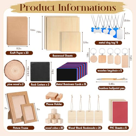 Tondiamo 118 Pcs Laser Material Engraving Explore Kit Laser Engraving Blanks Set Including Acrylic, Wood, Metal, PU Leather, Rock Materials for Laser Engraver Crafting Tondiamo