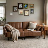 GULFXDS 77" Mid Century Modern Futon Sofa Bed, Comfy Faux Leather Couch with Adjustable Backrest & Armrest, Upholstered Sleeper Sofa for Living Room, Apartment, Home Office (Brown) GULFXDS