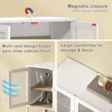 Shoe Storage Cabinet with Visible Mesh Doors for Entryway, Small Shoe Organizer Holds 12-16 Pairs of Shoes up to 11.8"L, Freestanding Wooden Shoe Rack with Front Door for Hallway, Living Room (White) Lyuwanxian