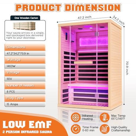Albott Infrared Sauna 2 Person, Infrared Saunas for Home, Low EMF 110V Hemlock Wood Dry Sauna with Tourmaline Foot Warmer, 7-Color Light Therapy & Salt Crystal Bricks, 47.2"x34.2"x70.9" Albott
