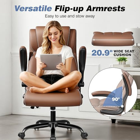 BESTFAIR Ergonomic Office Chair - Home Desk Computer Chair, Leather High Back Executive Chairs with Adjustable Lumbar Support & Flip-up Arms, Rocking Swivel Comfy, Brown BESTFAIR