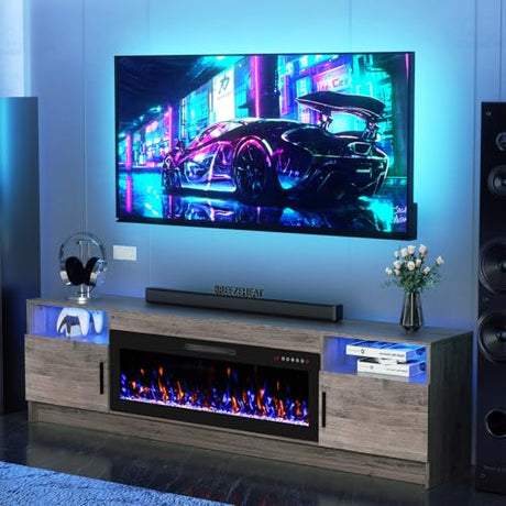 BREEZEHEAT Electric Fireplace TV Stand with 42 inch Fireplace Up to 90" TVs-Led Entertainment Center, High Glossy Doors-80 inch TV Cabinet，Modern Media Console for Living Room (Oak Grey) BREEZEHEAT