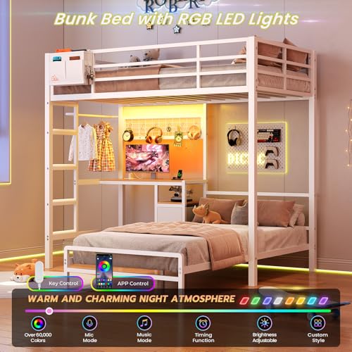 DICTAC Twin Over Twin Bunk Bed with Desk,Led Lights and Charging Station Metal L-Shaped Bunk Beds with Storage Drawers and Shelves, Loft Bed with Safety Guardrail and Ladder for Kids and Teen,White DICTAC