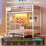 DICTAC Twin Over Twin Bunk Bed with Desk,Led Lights and Charging Station Metal L-Shaped Bunk Beds with Storage Drawers and Shelves, Loft Bed with Safety Guardrail and Ladder for Kids and Teen,White DICTAC