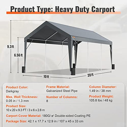 VEVOR Carport Car Canopy 10x20ft, Upgraded Heavy Duty Car Port Garage Boat Shelter Party Tent with 8 Reinforced Poles and 4 Weight Bags, UV Resistant Waterproof Tarp for SUV, Truck, Boat - WoodArtSupply