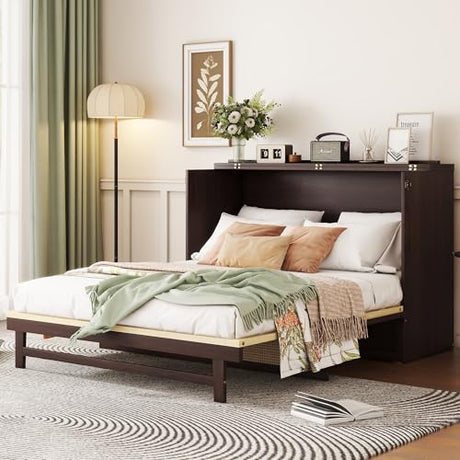 KEIKI Queen Size Horizontal Cabinet Murphy Bed with Rattan Decoration and Drawers, Multiple Storage Foldable Hideaway Wall Murphy Bed Frame, No Box Spring Needed, Easy Assembly, for Bedroom, Espresso KEIKI
