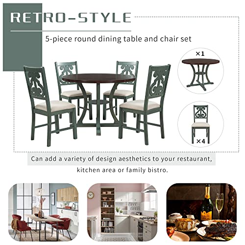 Merax 5 Piece Round Dining Table Set 4 Retro Chairs with Special-Shaped Table Legs, Exquisitely Designed Hollow Chair Back for Dining Room, Antique Blue Merax