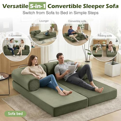 CozySpot Sofa Bed, 79" Convertible Sleeper Sofa with Pull Out Bed, 5-in-1 Folding Corduroy Futon Couch, Modular Loveseat Sofa Bed for Living Room, Bedroom & Apartment, Green CozySpot
