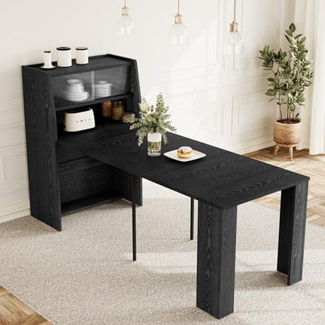86.6" Extendable Dining Table Seats 4-6, Foldable Kitchen Table with Storage Cabinet for Small Spaces, Multifunctional Console Table with Built-in Shelf, Modern Black Finish (Black Table Only) HIPIHOM