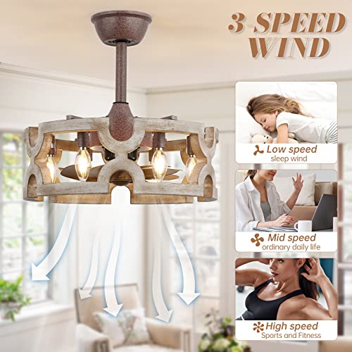 CICIYIG Ceiling Fans with Lights, Farmhouse Ceiling Fan Light Caged, 18" Rustic Boho Fan Lights Wood Chandelier Fan Fixtures Vintage Bladeless Ceiling Fan Remote Dining Room 6xE12 Base (White-1) CICIYIG