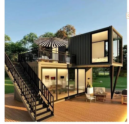 2 Room Customized Container Houses Two-Story Villas Prefab Tiny Homes to Live in for Adults Mini Mobile Home Modular Guest Homes kit casas prefabricadas para Vivir, with Stair Terrace guardrail