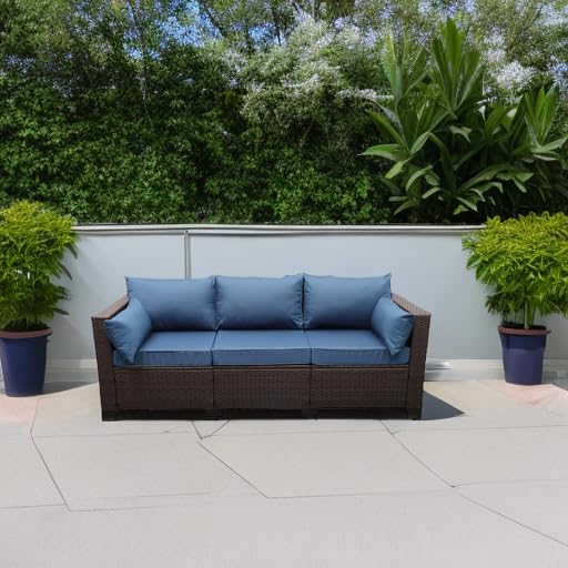 Rattaner 3-Seat Patio Wicker Sofa, Outdoor Rattan Couch Furniture Steel Frame with Furniture Cover and Deep Seat High Back, Blue Anti-Slip Cushion. Rattaner