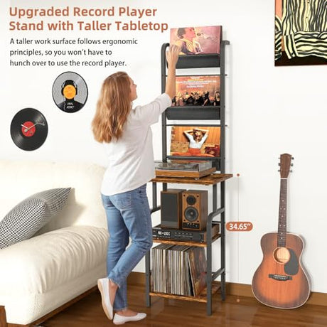 Record Player Stand with Vinyl Storage, Record Player Table with Vinyl Record Storage up to 250 Albums, Turntable Stand with Record Holder Display Shelf, Record Player Cabinet Organizer Rack Tewinko