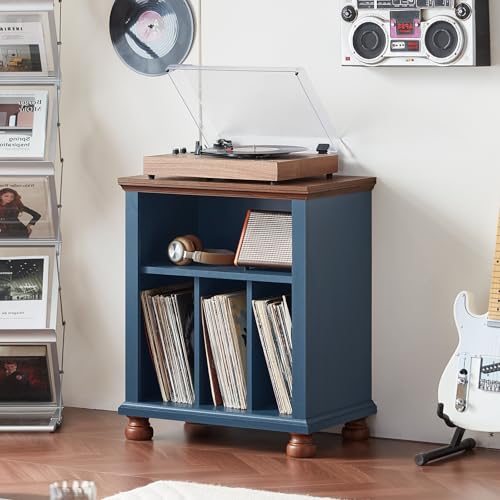 Joaxswe Record Player Stand with Vinyl Record Storage, 24" Wide Mid-Century Record Player Table Up to 200 Albums,Large Wood Turntable Stand Cabinet Dispaly Shelf for Living Room,Bedroom,Blue Joaxswe