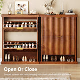 knoworld Walnut Shoe Cabinet Storage for Entryway,2 Flip Drawers with Toe Kick Space,Narrow Wood Fluted Shoe Rack Cabinet,Fluted Slim Shoe Cabinet for Foyer,Hallway knoworld